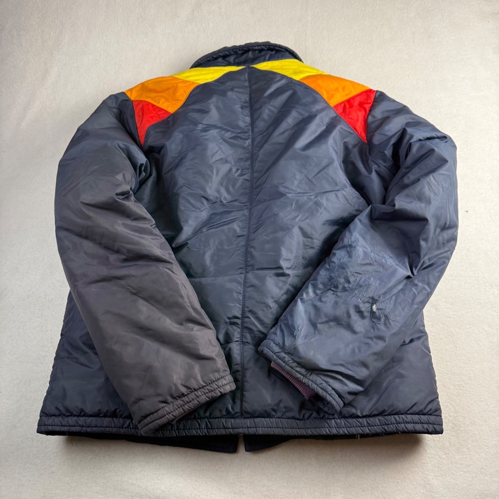 Vintage Comfy Goose Down Puffer Jacket Navy Blue Retro Chevron Distressed XL - Picture 2 of 7